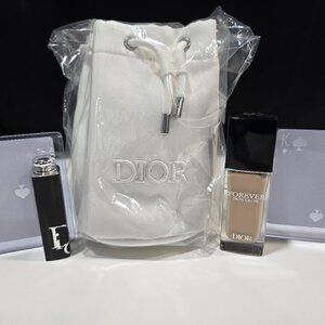 Dior 5-Piece Bundle - White Pouch, Forever Skin Foundation, Lipstick, 2 Joy Card